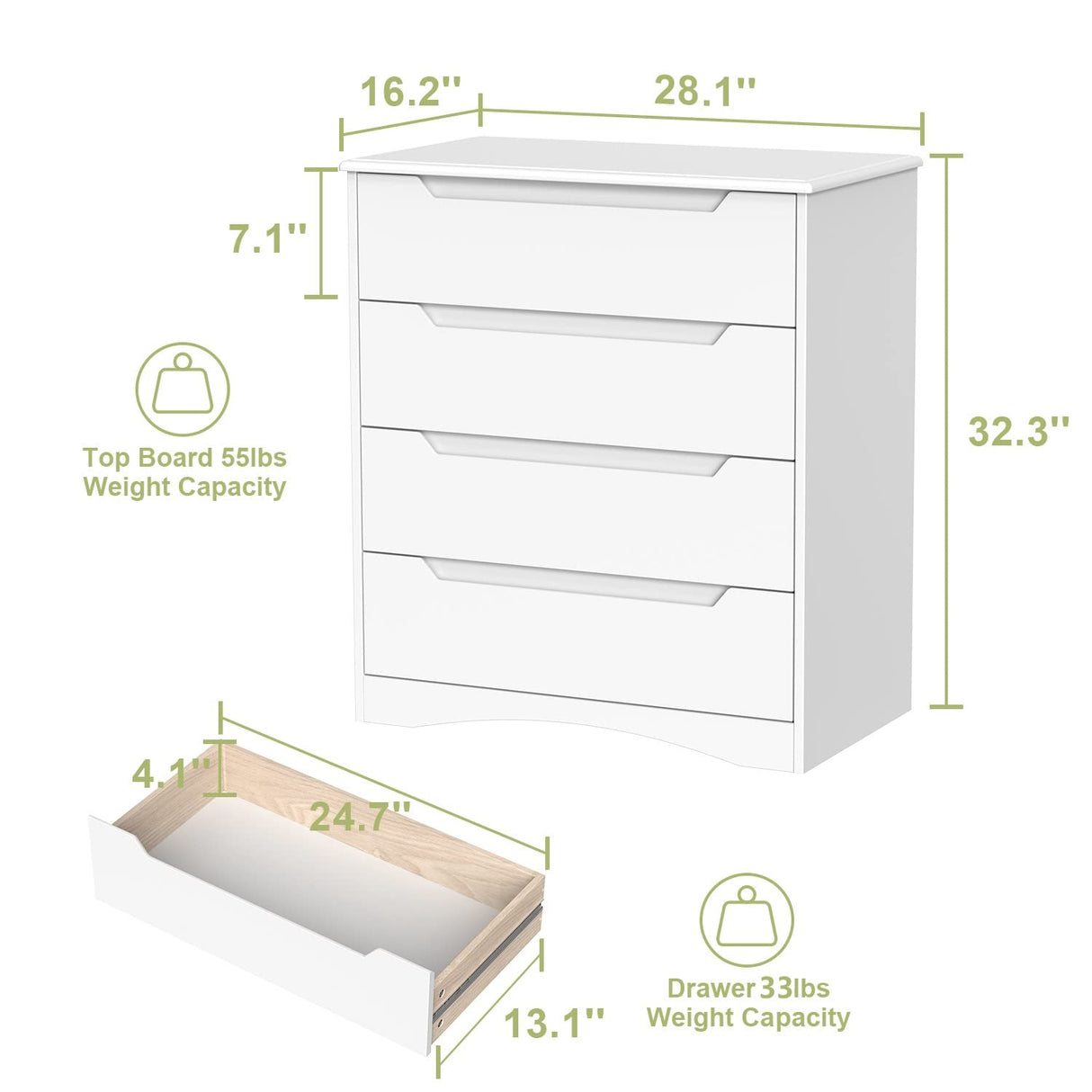 Gizoon 4 Drawer Dresser for Bedroom, Sturdy White Chest of Drawers with Anti-Tip Device, Modern Large Capacity Storage Furniture for Closet, Embedded Handles, Space-Saving Design, Wooden Finish, White Gizoon