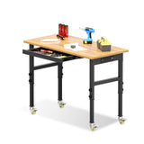 48" Adjustable Height Heavy Duty Workbench Rubber Wood Top Rolling Work Bench with Power Outlet Drawers and Wheels 2200 Lbs Capacity Hardwood Worktable for Garage, Workshop, Office, Home OAKANDO