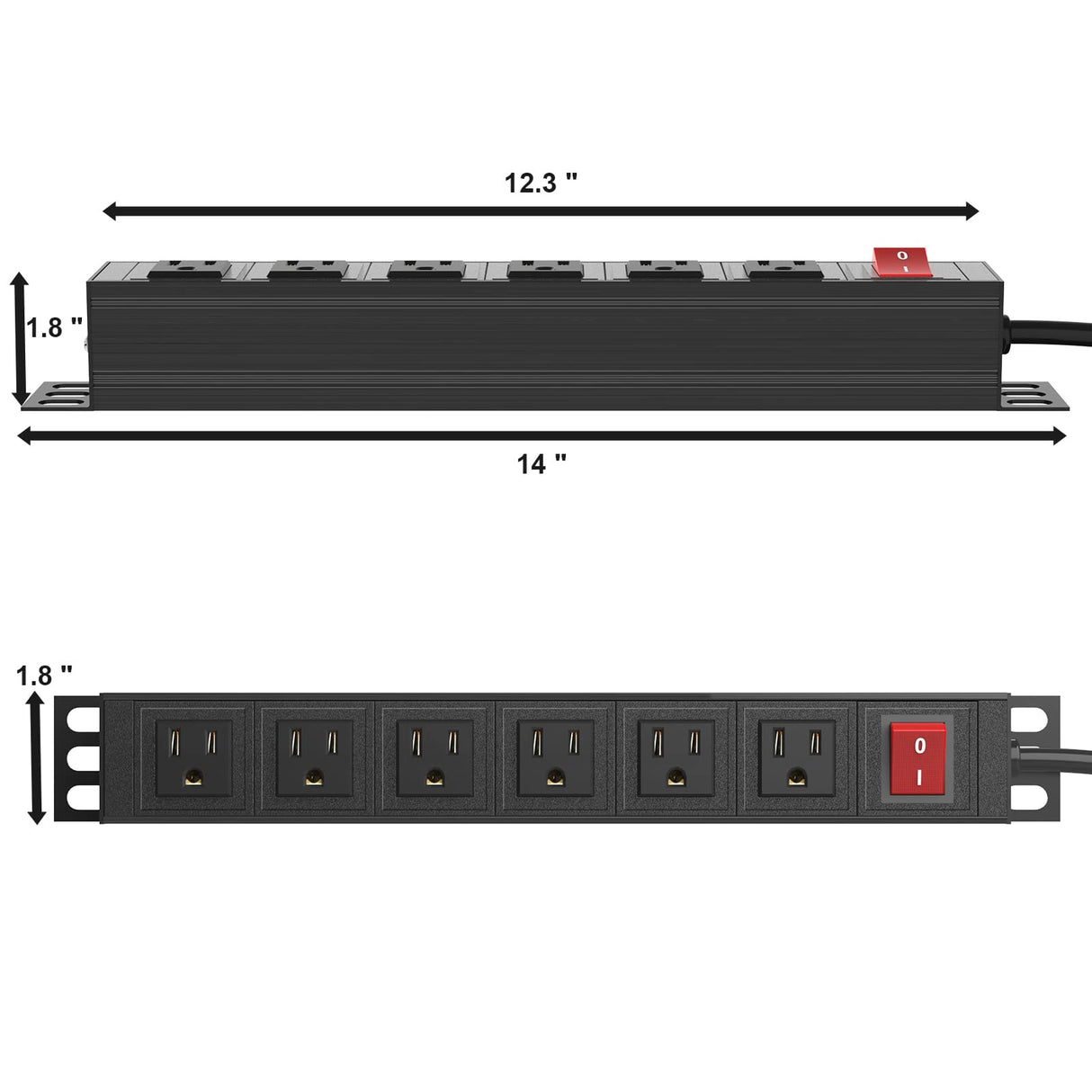 BTU 6 Outlet Power Strip, Metal Mountable Power Strip Surge Protector, Heavy Duty Wall Mount Power Outlet for Commercial, Industrial, Workshop, 6FT Power Cord, 15A/125V 1875W (Black 6FT) BTU