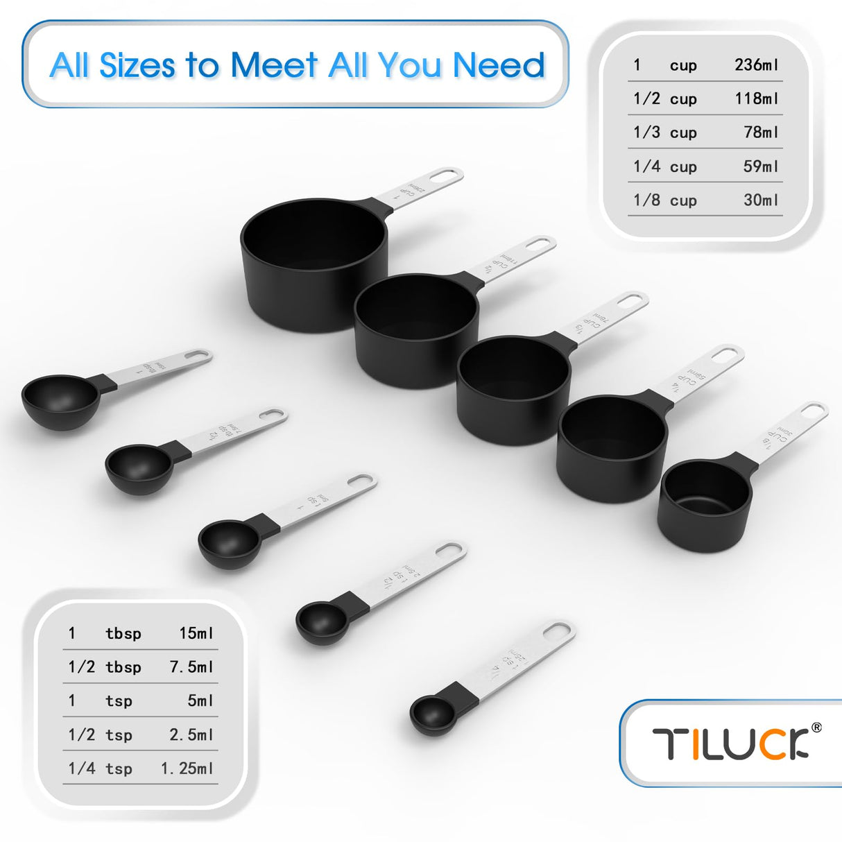 TILUCK Measuring Cups & Spoons Set, Stackable Cups and Spoons, Nesting Measure Cups with Stainless Steel Handle, Kitchen Gadgets for Cooking & Baking (Black) TILUCK