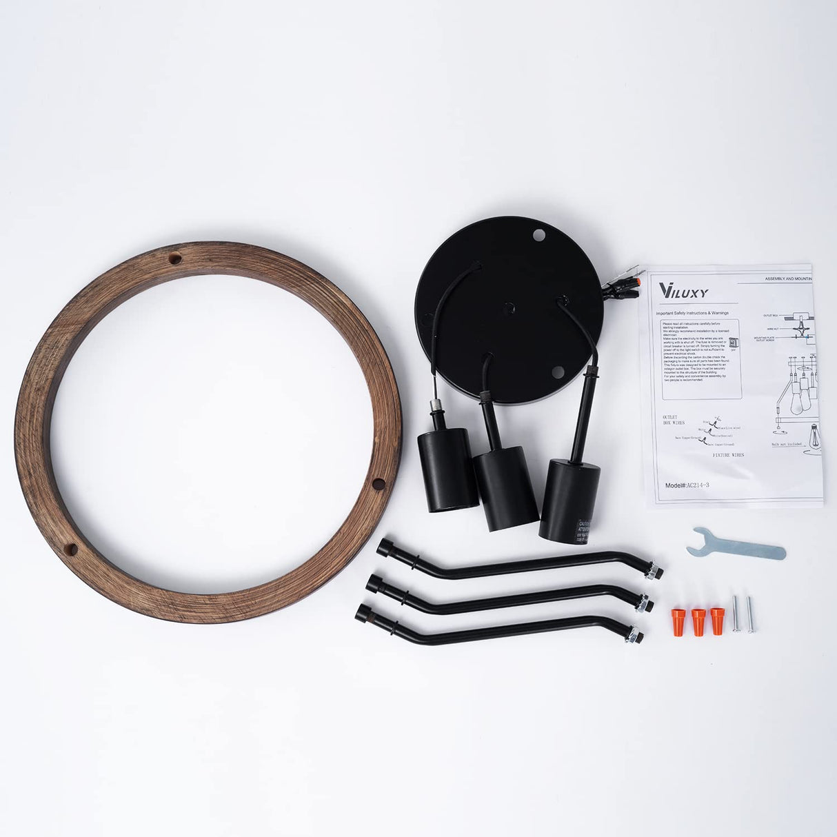 VILUXY Industrial Flush Mount Ceiling Light Fixture with Retro Wood Circle Shade for Hallway, Entryway, Bedroom, Balcony Passway 3-Light VILUXY