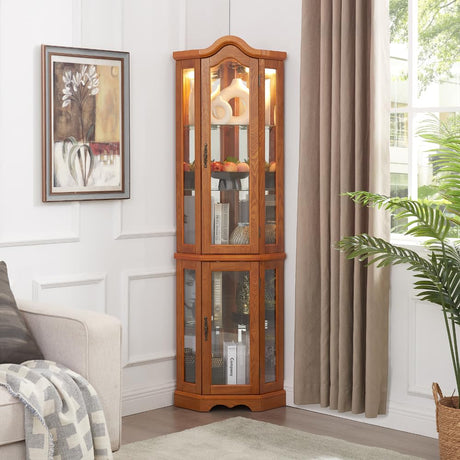 XZTUAJ 66" H Lighted Corner Curio Cabinet, 5 Tier Glass Display Cabinet with Adjustable Shelves and Mirror Back Panel, Corner Curio Storage Rack Wood Display Case for Living Room & Kitchen (Oak) XZTUAJ