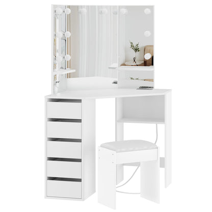 Wpond Corner Makeup Vanity Desk with Mirror and Lights - Adjustable LED Lighting, Spacious Storage, Built-in Charging, 5 Drawers, and Stool, White