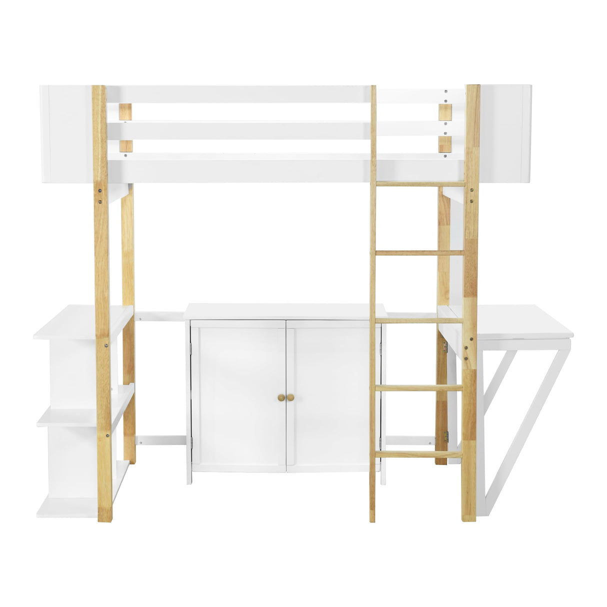Merax Twin Size Wood Loft Bed with Built-in Storage Cabinet and Cubes, Foldable Desk, White Merax