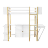 Merax Twin Size Wood Loft Bed with Built-in Storage Cabinet and Cubes, Foldable Desk, White Merax