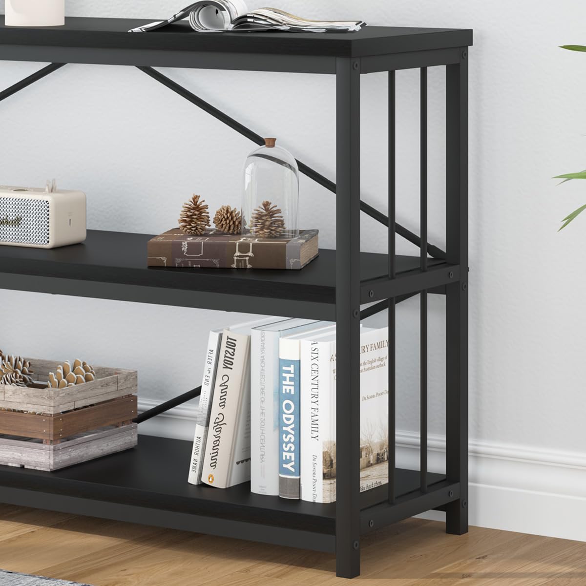 IBF 63" Black Oak Modern 3-Tier Low Horizontal Bookshelf - Stylish and Sturdy Etagere for Home and Office IBF