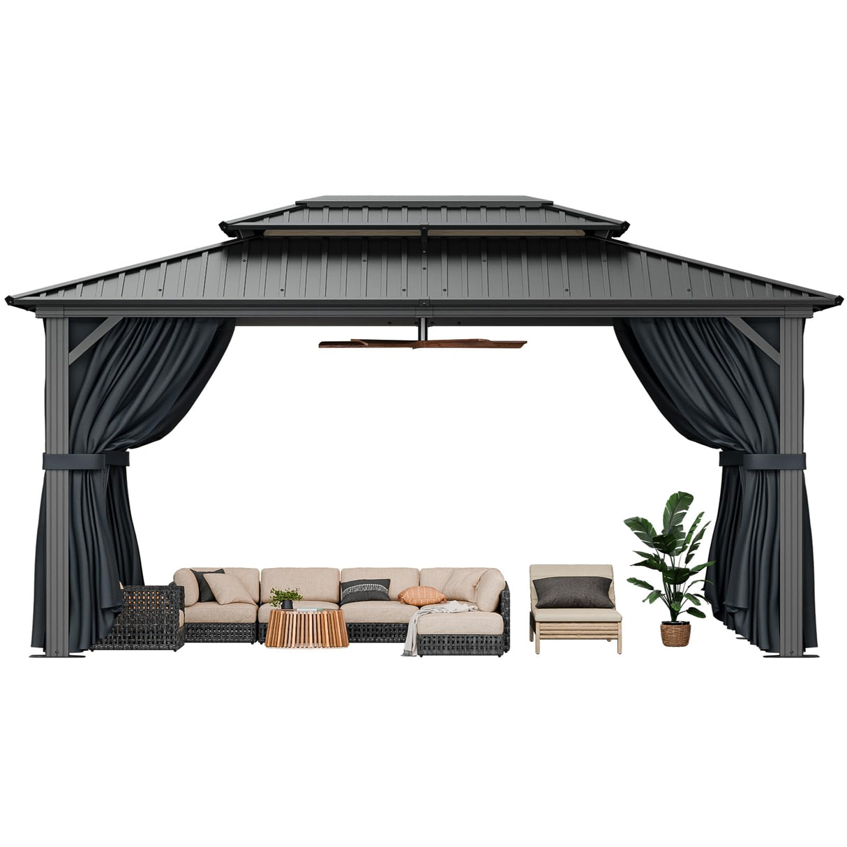 HOTEEL 10x15 Hardtop Gazebo with Heavy Duty Galvanized Steel Double Roof, Aluminum Frame, Flame-Resistant Curtains and Netting, Outdoor Permanent Pavillon for Backyard, Black Hoteel