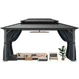 HOTEEL 10x15 Hardtop Gazebo with Heavy Duty Galvanized Steel Double Roof, Aluminum Frame, Flame-Resistant Curtains and Netting, Outdoor Permanent Pavillon for Backyard, Black Hoteel