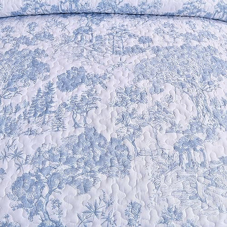 WONGS BEDDING Blue Quilt Set King Size, 3 Pieces Botanical Bedspreads Set Lightweight Microfiber Blue Toile Plants Pattern Coverlet Home Decor for All Seasons(104"×90") WONGS BEDDING