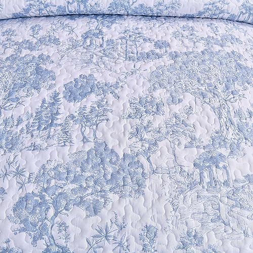 WONGS BEDDING Blue Quilt Set Queen Size, 3 Pieces Botanical Bedspreads Set Lightweight Microfiber Blue Toile Plants Pattern Coverlet Home Decor for All Seasons(96"×90") WONGS BEDDING