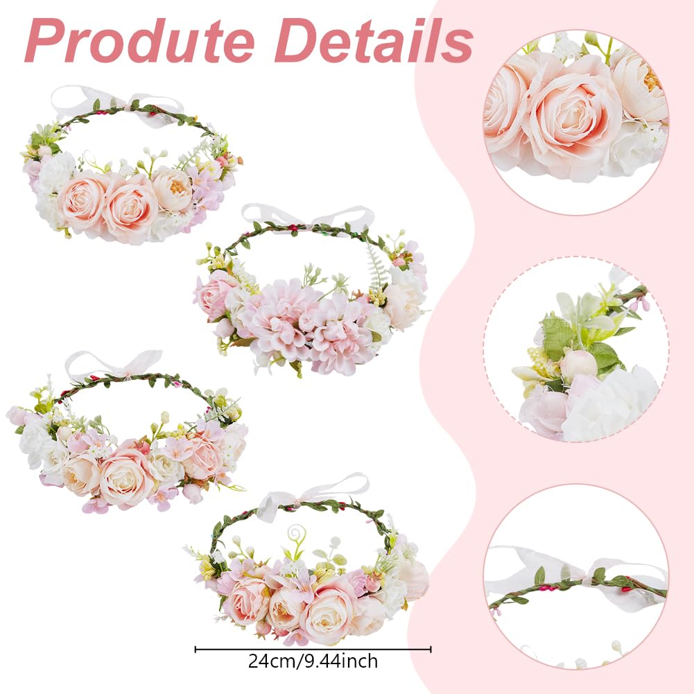 ACRNIGHEET 4 Sets DIY Flower Crown Kit, White and Pink Floral Crown Craft Kit, Make Your Own Flower Crown Headband Handmade, Floral Bridal Headpiece Hair Accessories for Wedding Birthday Party Prop ACRNIGHEET
