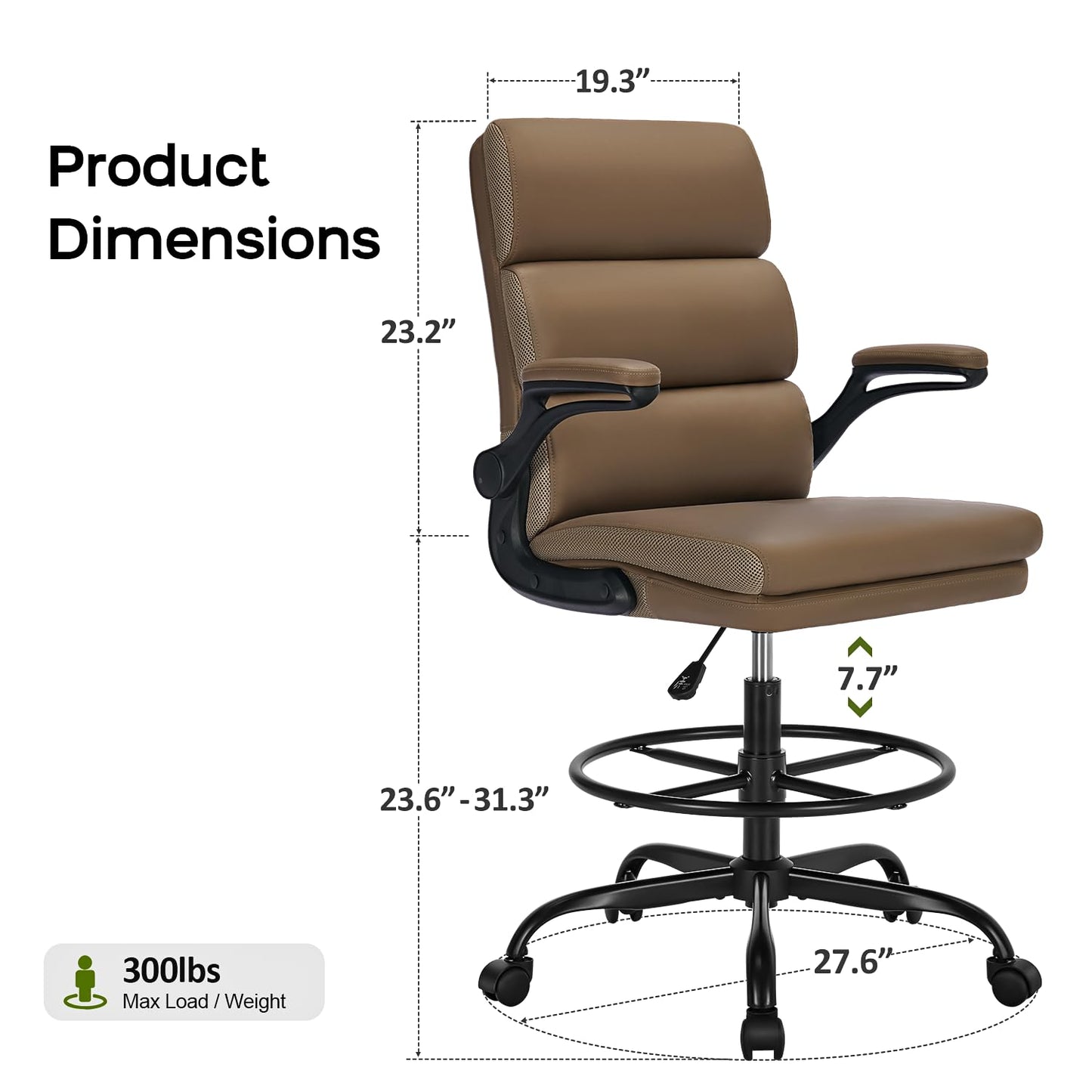 Drafting Chair Tall Office Chair with Padded Flip-up Armrests Executive Ergonomic Computer Standing Desk Chair with Comfortable Leather Backrest and Adjustable Footrest Ring (Tan) - WoodArtSupply