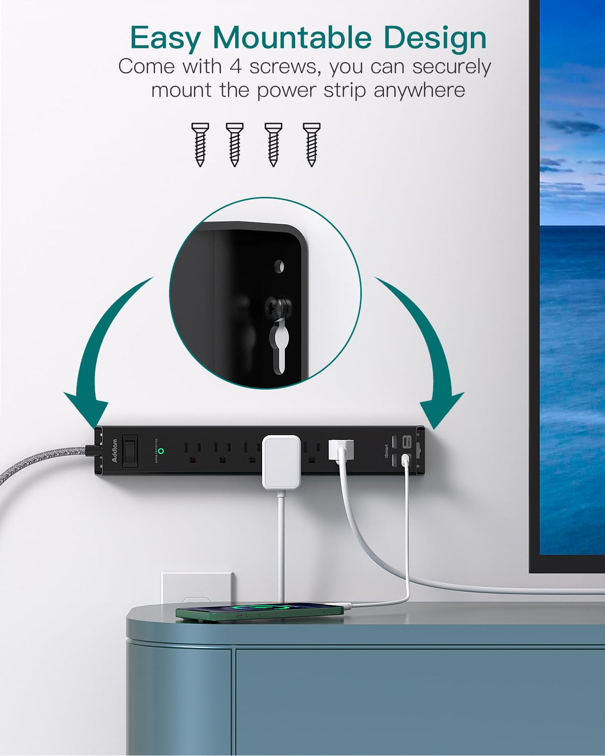 Surge Protector Power Strip - Extension Cord with 6 AC Outlets 4 USB (2 USB-C Ports), Flat Plug with Overload Surge Protection, Wall Mount, 5ft, Outlet Extender for Home Office Dorm Room Essentials Addtam