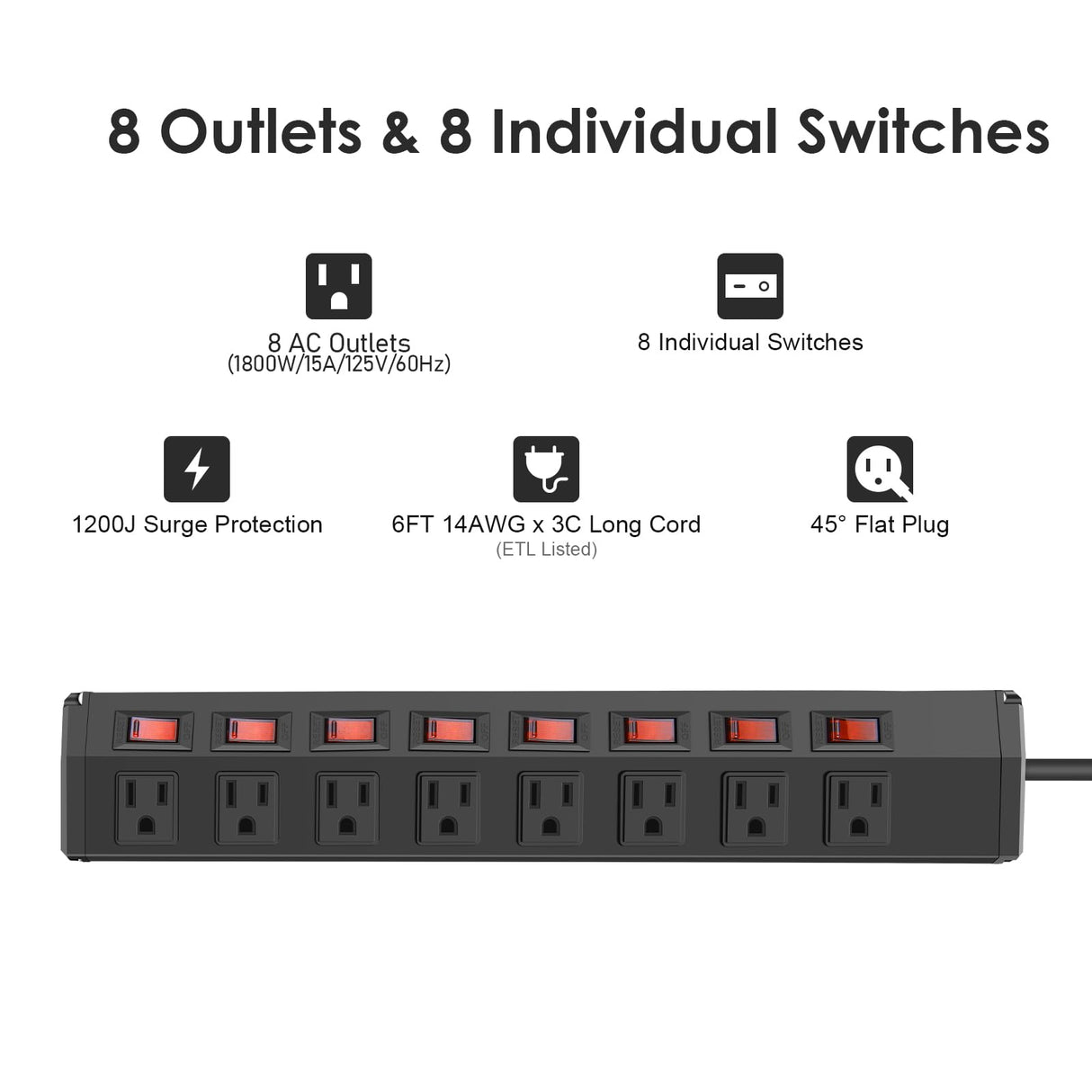 8 Outlet Heavy Duty Power Strip with 8 Individual Switches,Moutable Metal Power Strip Surge Protector 1200 Joules,6FT 14AWG Extension Cord,15A 1800W 125V 60Hz ANNQUAN