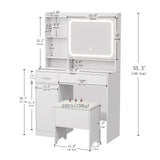 Hogxp Vanity Desk with Sliding Mirror & Power Outlets - Dimmable LED Lighting, 4 Open Shelves, 2 Drawers, 1Storage Cabinet & Padded Stool - Ideal Bedroom Makeup Dressing Table （White） Hogxp