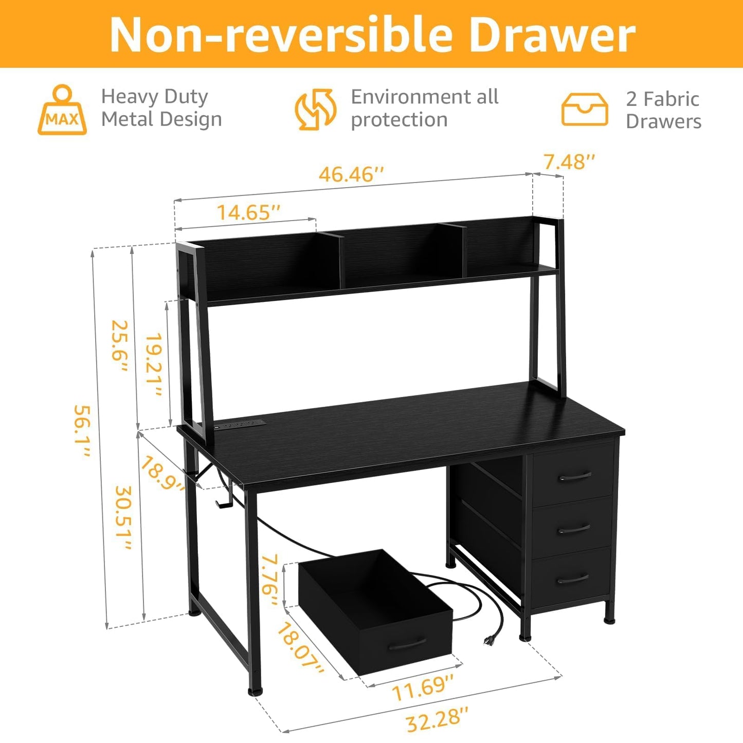 DLISITING Computer Desk with Hutch & Drawers - Office Study Writing 47 Inch Desk with 3 Drawers Storage Power Outlets, Modern Desk for Bedroom Home Office Black