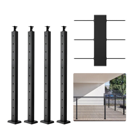 VEVOR 4-Pack Cable Railing Post, 36" x 1" x 2" Steel Horizontal Hole Deck Railing Post, 11 Pre-Drilled Holes, SUS304 Stainless Steel Cable Rail Post with Horizontal and Curved 4JZLGZHS9142C2KYMV0 VEVOR
