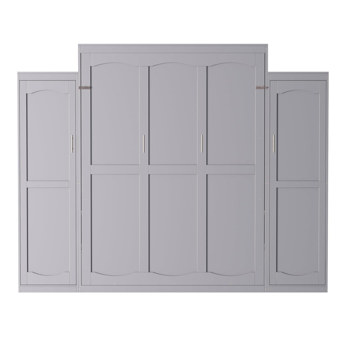 Merax Queen Size Wood Murphy Bed, with 2 Wardrobe and Storage Shelf, Multifunctional Foldable Wall Platform Bedframe for Guest-Room, Bedroom, Gray Merax