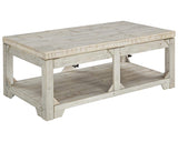 Signature Design by Ashley Fregine Farmhouse Rectangular Lift Top Coffee Table with Floor Shelf, Whitewash with Weathered Finish Signature Design by Ashley