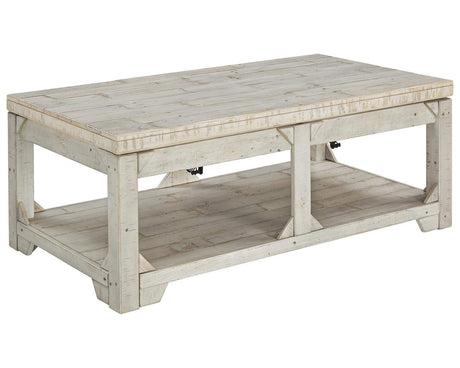 Signature Design by Ashley Fregine Farmhouse Rectangular Lift Top Coffee Table with Floor Shelf, Whitewash with Weathered Finish Signature Design by Ashley