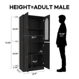 BOMETAO 71" Tall Kitchen Pantry Cabinet, Kitchen Storage Cabinet with Glass Doors and Adjustable Shelves, Wood Food Pantry Cabinet, Freestanding Cupboard for Kitchen, Dining Room, Black BOMETAO