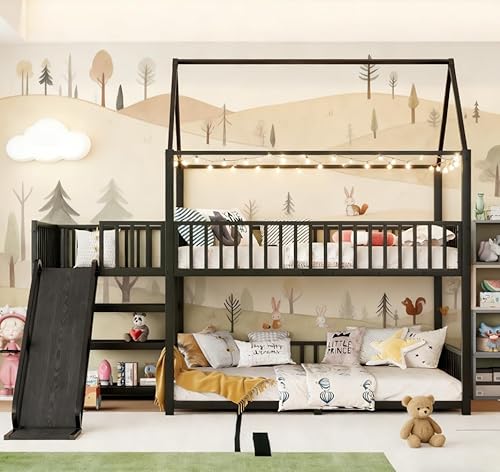 Bellemave Metal Bunk beds Full Over Full with Slide and Storage Stairs, House Floor bunk Bed with guardrail for Kids,Black Bellemave