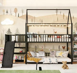 Bellemave Metal Bunk beds Full Over Full with Slide and Storage Stairs, House Floor bunk Bed with guardrail for Kids,Black Bellemave