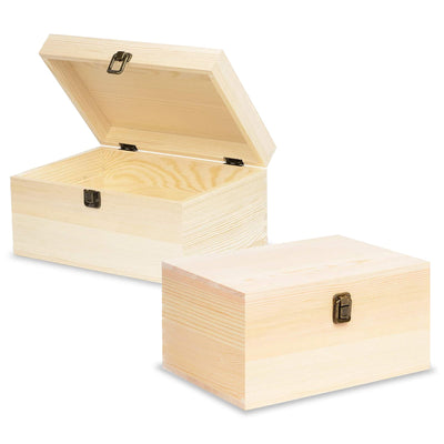 Voittozege 2 Pack Unfinished Wooden Boxes Large Wooden Box with Hinged Lid dnd Front Clasps, Natural Wood Boxes for Diy Crafting Gift Storage Box, Art Decorations and Jewelry Storage, 10 x 7 x 4 Inch