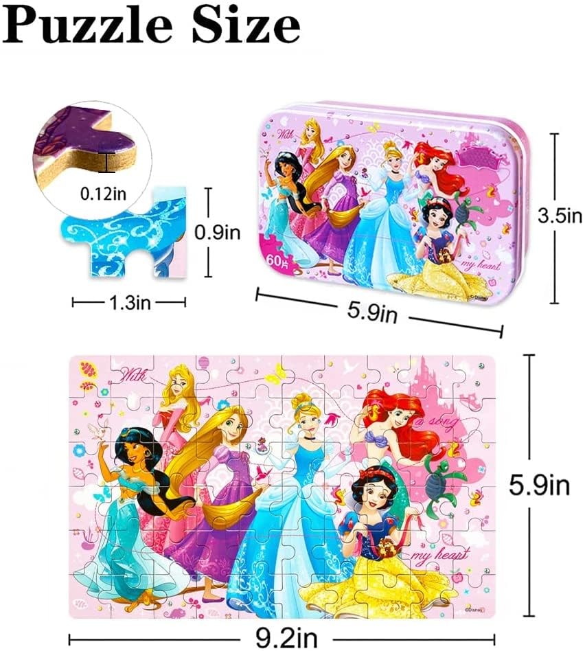 Generic NEILDEN Jigsaw Puzzles for Kids Ages 4-8 Puzzles Packed in Tin Box 60 Pieces Learning Educational Puzzles for Children Girls and Boys, Princess