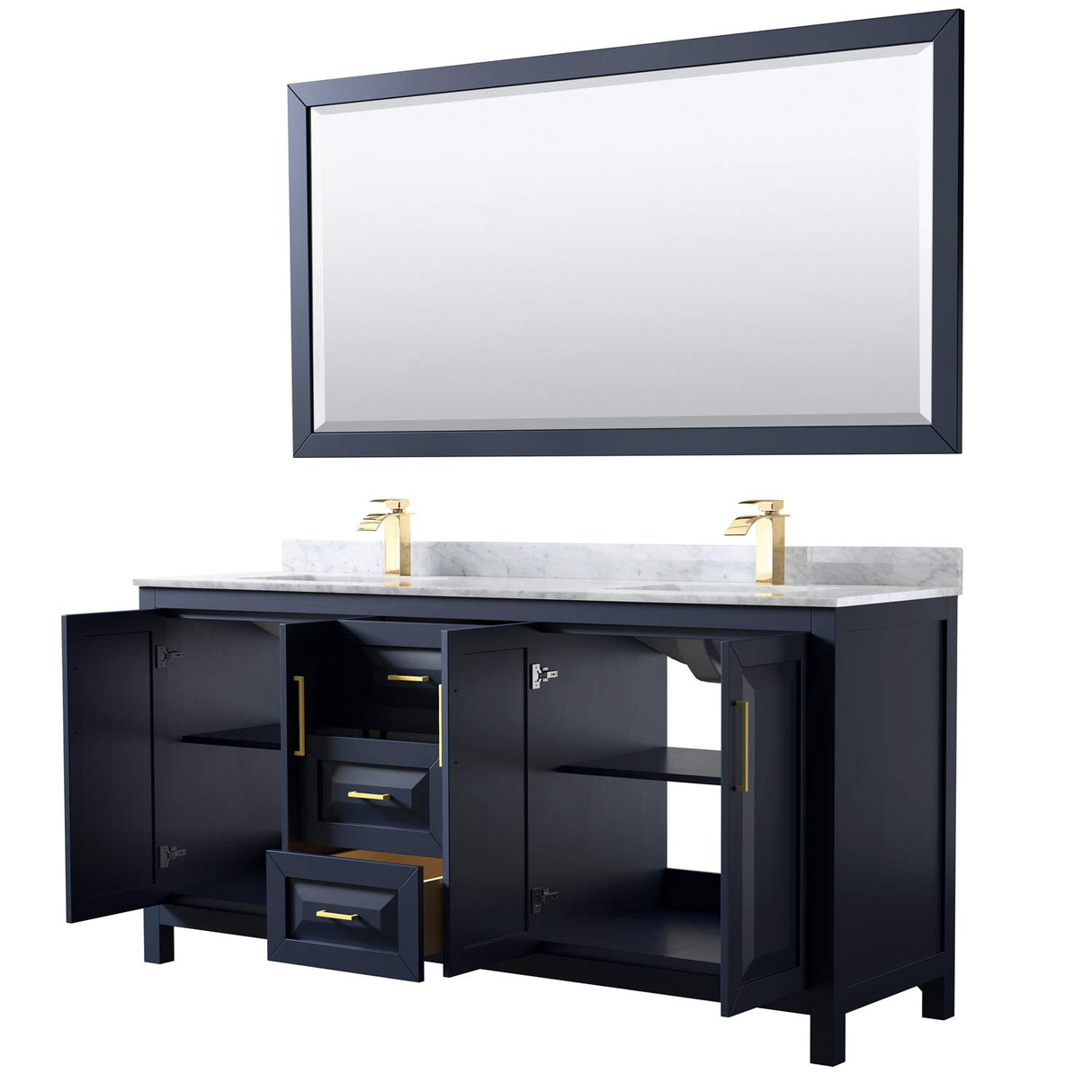 Daria 72 Inch Double Bathroom Vanity in Dark Blue, White Carrara Marble Countertop, Undermount Square Sinks, 70 Inch Mirror Wyndham Collection