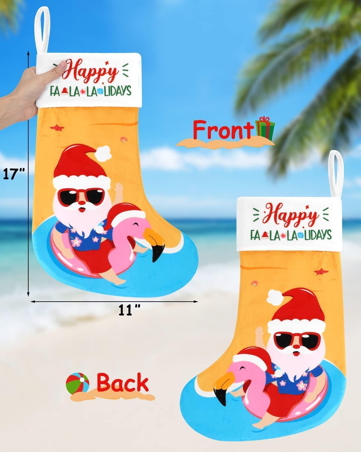 Vansolinne Beach Christmas Stockings 3 Pack 11'' x 17'' Coastal Christmas Decorations Funny Tree Hanging Ornament Bag Fireplace Hanging Soft Large Plush Socks with Santa Flamingo Palms Xmas Gifts Vansolinne