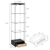 4-Tier Glass Display Cabinet with LED Lights & PE Rattan Drawers, Glass Curio Cabinets Collectibles Display Case on Wheel, Tempered Glass Freestanding Bookshelf for Living Room Bedroom Office, Black TehRecBT
