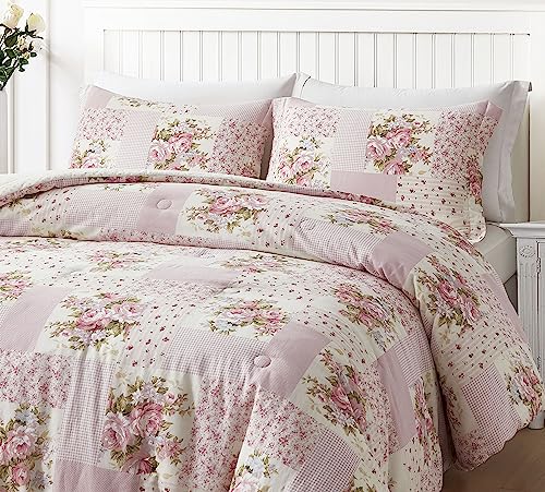 Chezmoi Collection Rosy 3-Piece Full Size Washed Cotton Comforter Set - Floral Bedding Set Ivory Green Pink Flower Polka Dot Printed Patchwork Reversible Lightweight Comforter for All Season Chezmoi Collection