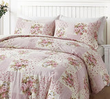 Chezmoi Collection Rosy 3-Piece Full Size Washed Cotton Comforter Set - Floral Bedding Set Ivory Green Pink Flower Polka Dot Printed Patchwork Reversible Lightweight Comforter for All Season Chezmoi Collection