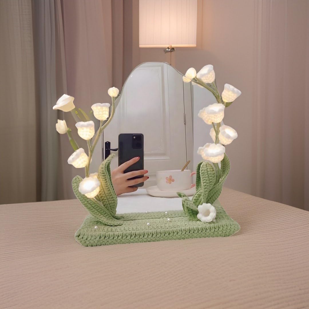 kasthamandap wooden Makeup Vanity Mirror with led Light, Handcrafted Crochet Flower Accent for Room Decoration kasthamandap wooden
