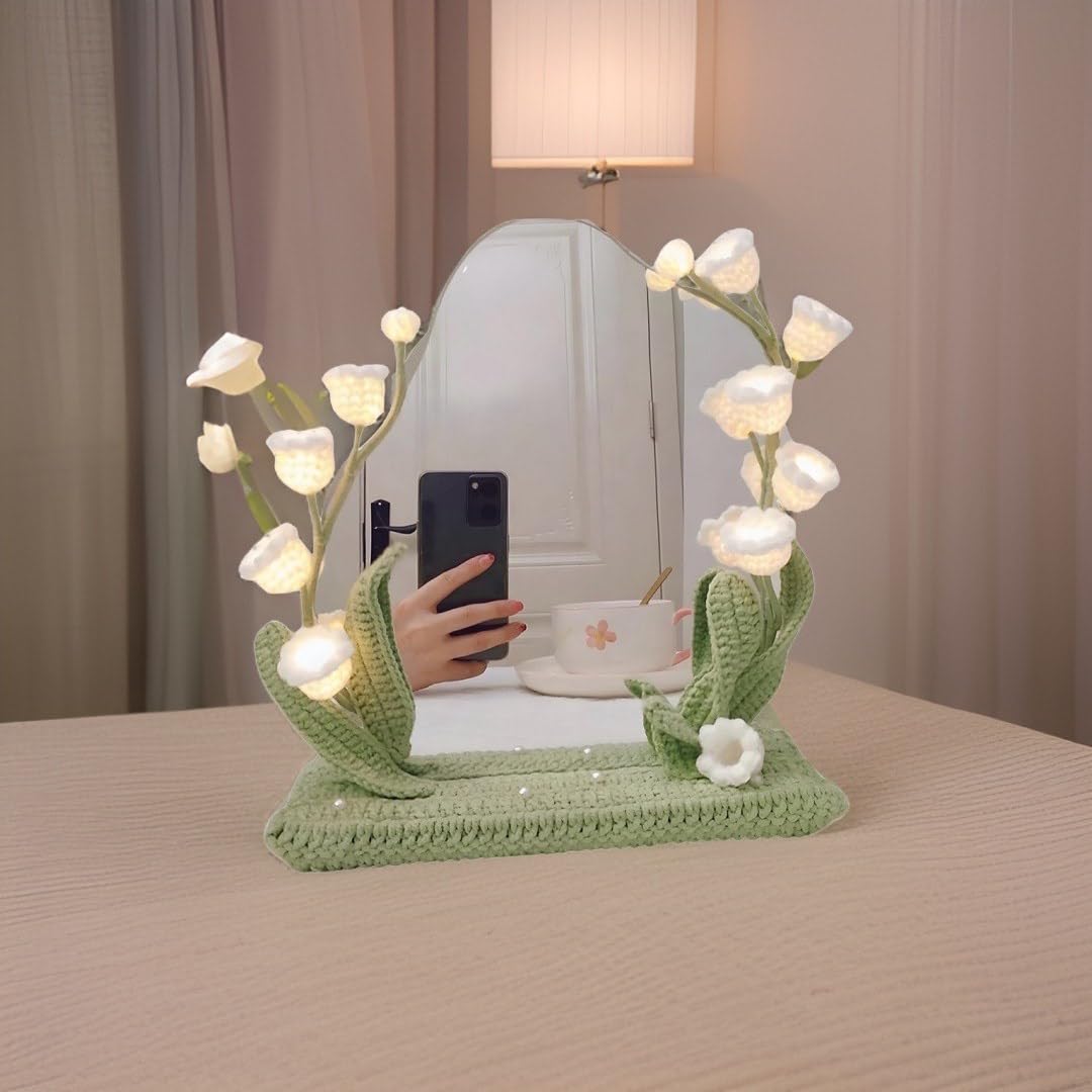 kasthamandap wooden Makeup Vanity Mirror with led Light, Handcrafted Crochet Flower Accent for Room Decoration - WoodArtSupply