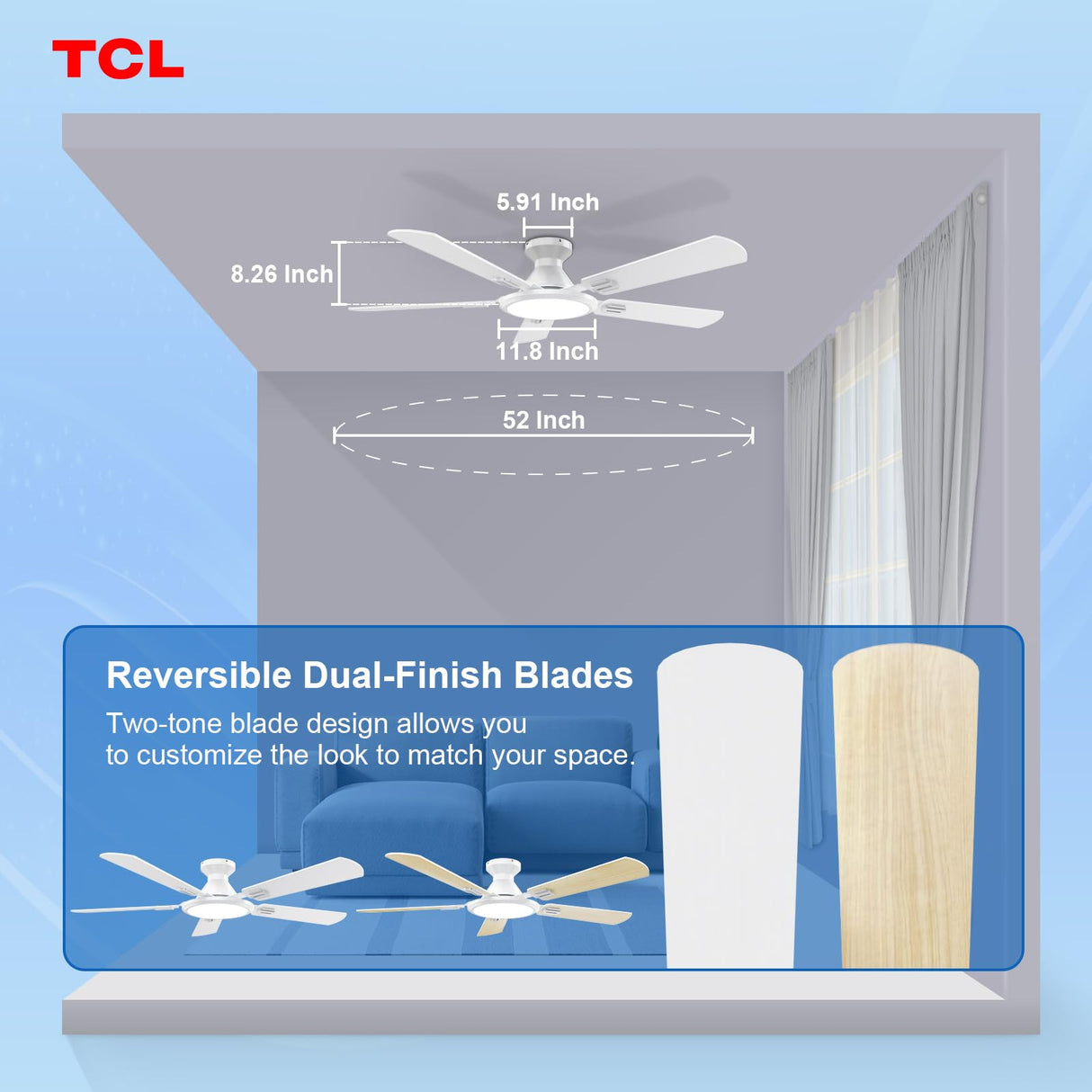 TCL Ceiling Fans with Lights, 52 Inch Low Profile Ceiling Fan with Light and Remote Control, Flush Mount, DC Reversible Motor, Noiseless, 6 Speeds Ceiling Fan for Bedroom (White) TCL