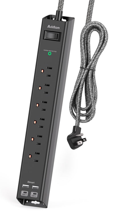 Surge Protector Power Strip - Extension Cord with 6 AC Outlets 4 USB (2 USB-C Ports), Flat Plug with Overload Surge Protection, Wall Mount, 5ft, Outlet Extender for Home Office Dorm Room Essentials