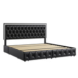 Keyluv Queen Upholstered LED Bed Frame with 4 Storage Drawers and Adjustable Tufted Headboard, Black Keyluv