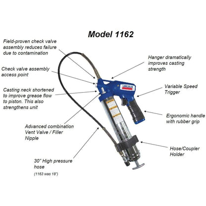 Lincoln 1162 Pneumatic Grease Gun with 30" High-Pressure Hose and Coupler, Variable Speed Trigger, 6,000 PSI, Fully Automatic, Continuous Operation, Combination Filler Coupler Air Bleeder Val - WoodArtSupply