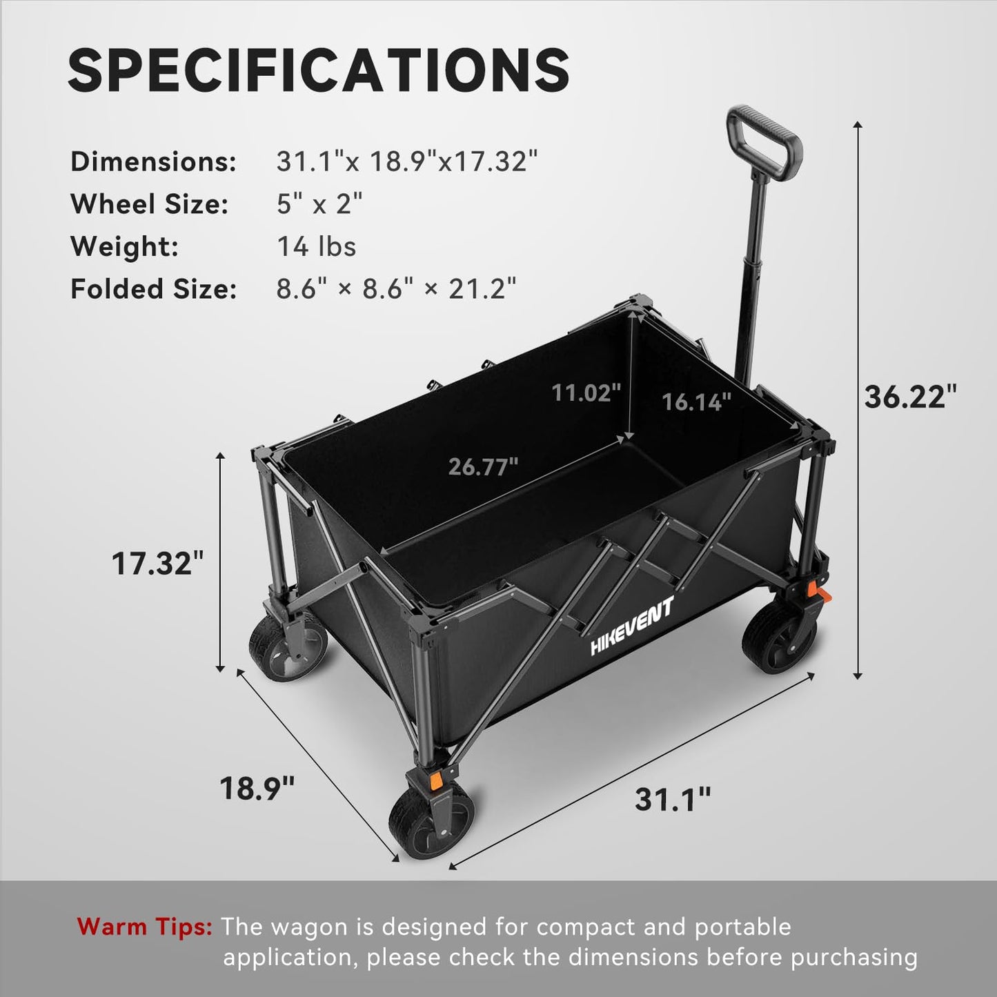 Hikevent Collapsible Wagon Cart Foldable with 220lbs Weight Capacity, Utility Grocery Shopping Cart with Wheels, Lightweight Portable Folding Wagon for Garden Sports Beach and Camping, Black