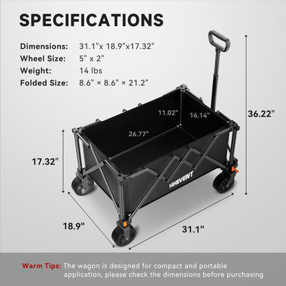 Hikevent Collapsible Wagon Cart Foldable with 220lbs Weight Capacity, Utility Grocery Shopping Cart with Wheels, Lightweight Portable Folding Wagon for Garden Sports Beach and Camping, Black