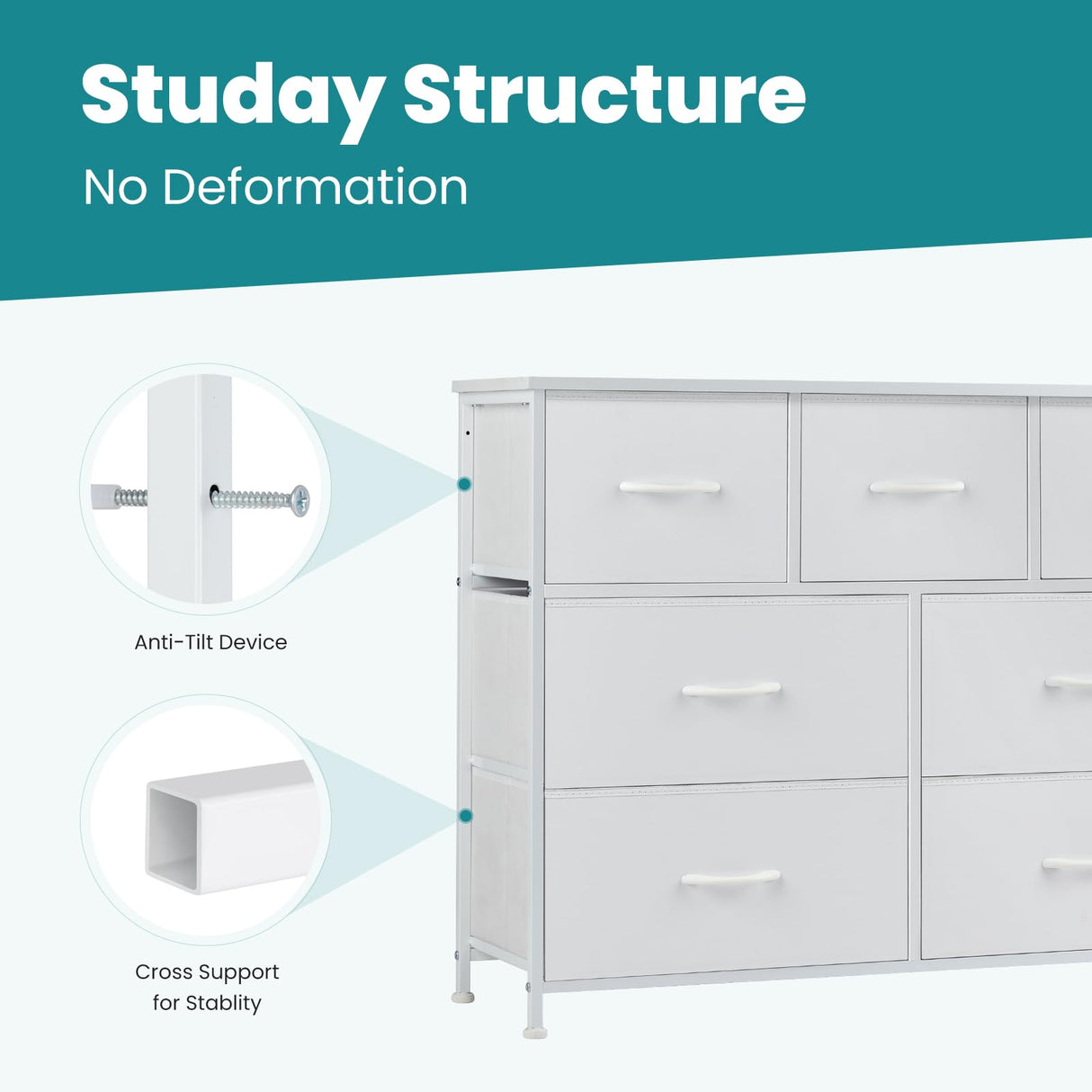 OLIXIS Dresser for Bedroom, 7 Storage Drawers, Wide Fabric Closet Chests Organizer Tower Furniture, TV Stand with Wooden Top Metal Frame for Clothes, Living Room, Hallway, Entryway, Classic White OLIXIS