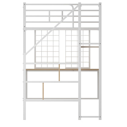 Twin Loft Bed with Desk and Storage Shelf, Metal Kids Loft Bed with Stairs, Wardrobe and Metal Grid, Twin Size Loft Bed for Kids, Girls, Boys, No Box Spring Needed, White Loft Bed Twin Size