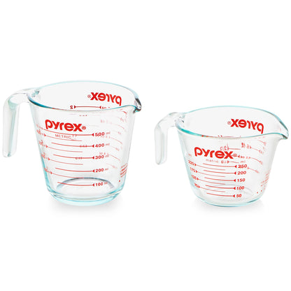 Pyrex 2 Piece Glass Measuring Cup Set, Includes 1-Cup, and 2-Cup Tempered Glass Liquid Measuring Cups, Dishwasher, Freezer, Microwave, and Preheated Oven Safe, Essential Kitchen Tools