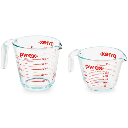 Pyrex 2 Piece Glass Measuring Cup Set, Includes 1-Cup, and 2-Cup Tempered Glass Liquid Measuring Cups, Dishwasher, Freezer, Microwave, and Preheated Oven Safe, Essential Kitchen Tools