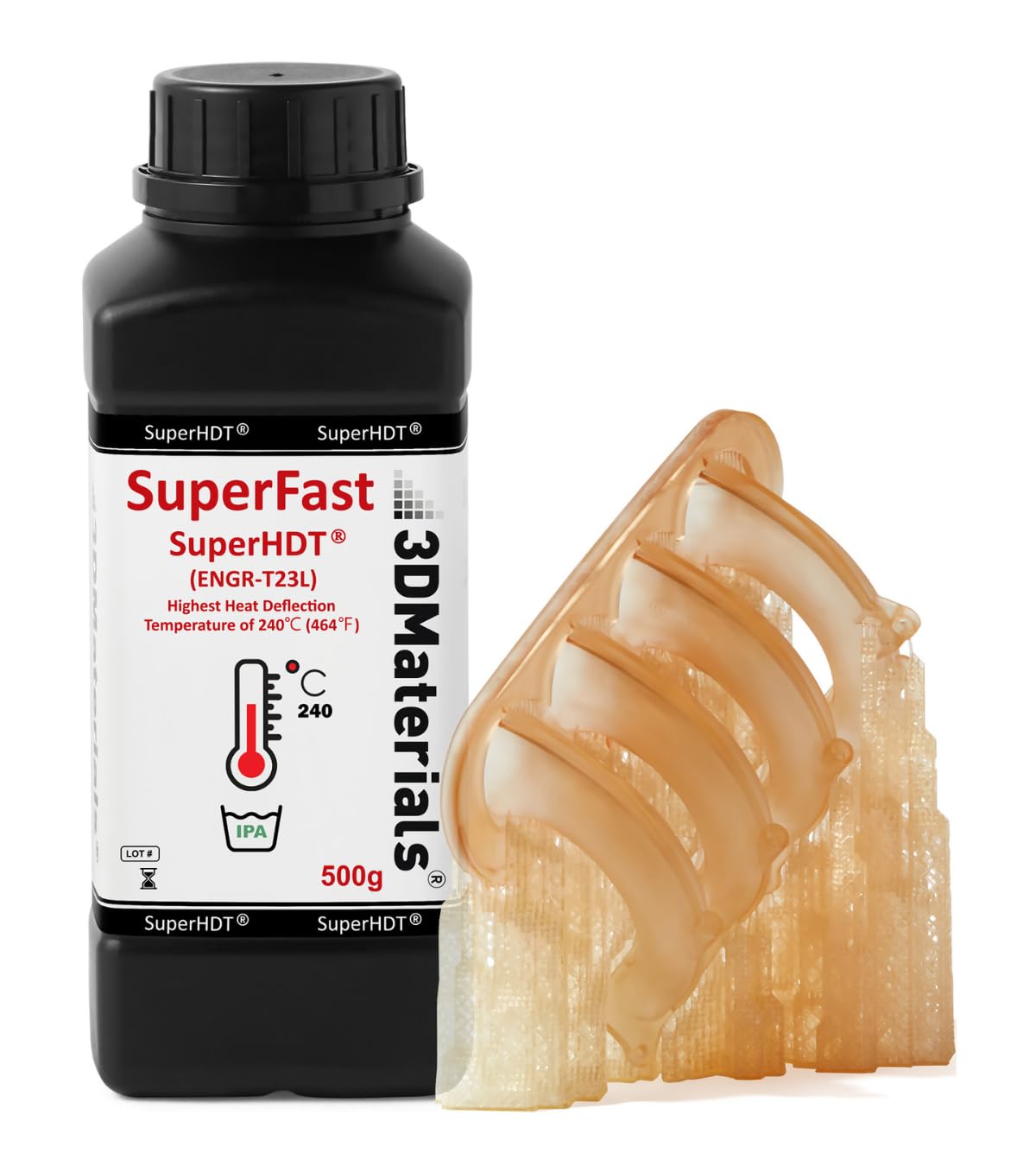 SuperHDT 3D Printer Resin, Highest Heat Deflection Temperature 464°F (240°C), Made in Korea by 3DMaterials (500g, Amber) 3DMaterials