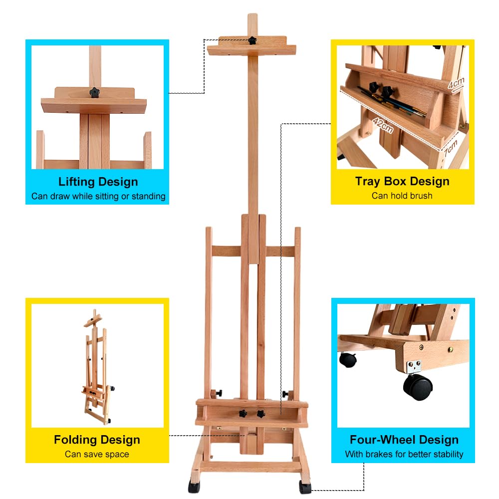 Professional H-Frame Studio Easel, Beech Wood, Height-Adjustable with Wheels, Storage Box, 73-Inch Canvas Capacity (Nature) Generic
