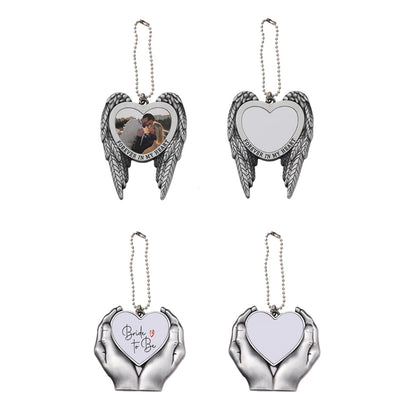 4 Sets 2 Styles Alloy Heat Transfer Sublimation Blank Pendant, Angel Wing Rearview Mirror Pendant, Heart Heat Sublimation Pendant Blanks Car Hanging Ornament for DIY Keychain