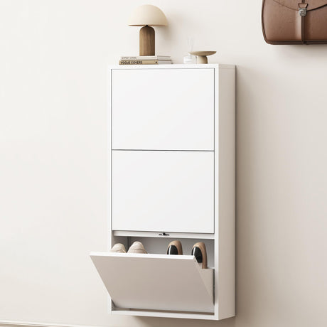 OPTYMIRA Metal Shoe Storage Cabinet with 3 Flip Drawers,White Wall Mount Slim Shoe Organizer for Entryway, Narrow Hidden Shoe Storage Rack for Hallway,Living Room, 40.98”*20”*6.69” OPTYMIRA